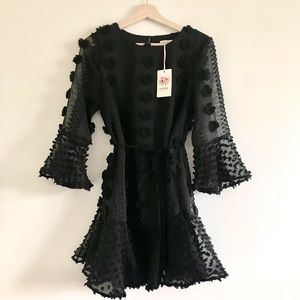 Entro Pom Pom Ruffle Mini Dress Black Size Small
